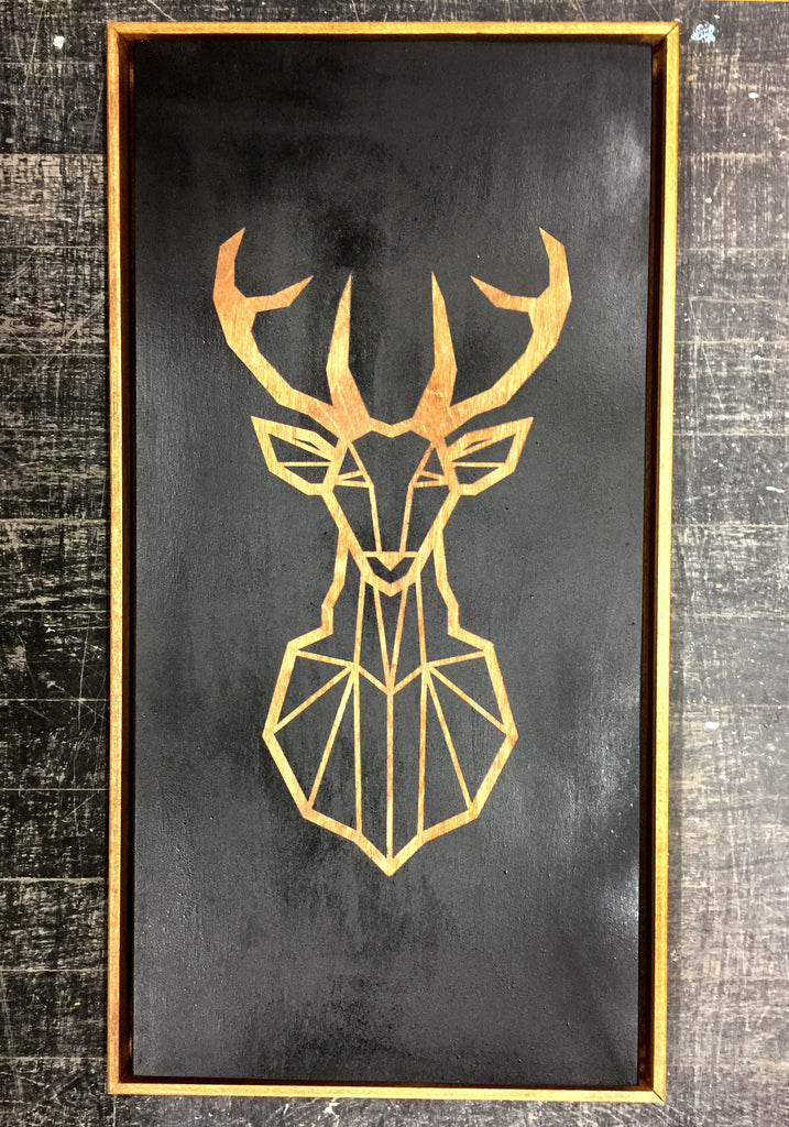 Night Deer in the Woods | Black & Spry Stain | Framed | Pop Collection | 24" x 12"